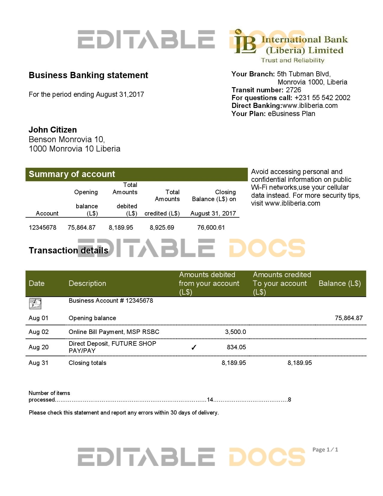 Liberia IB International Bank proof of address statement template in Word and PDF format