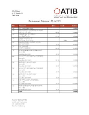 Libya Assaray Bank (ATIB) statement easy to fill template in Excel and PDF format