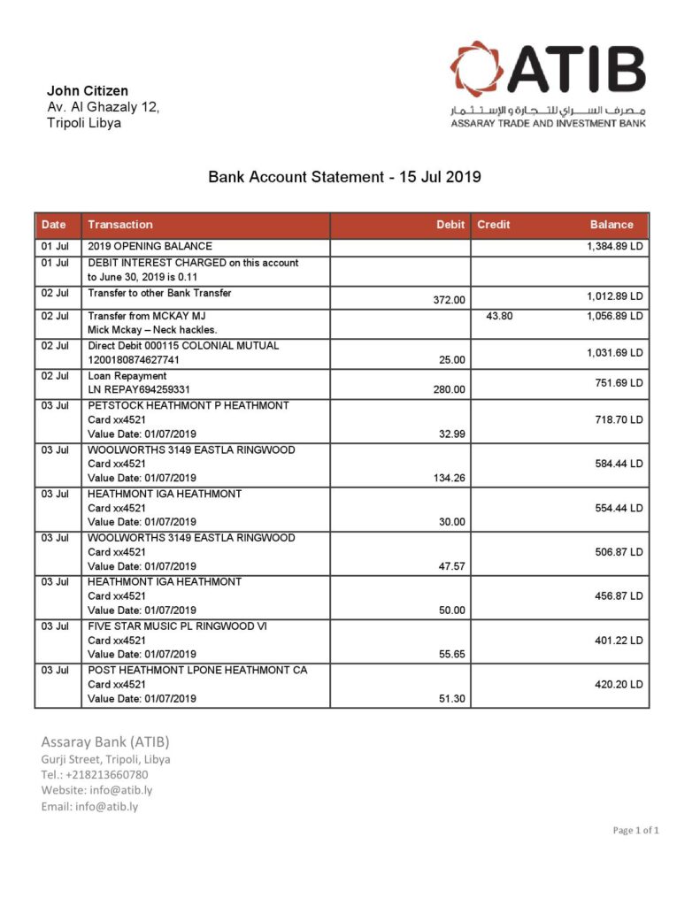 Libya Assaray (ATIB) bank statement easy to fill template in Word and PDF format