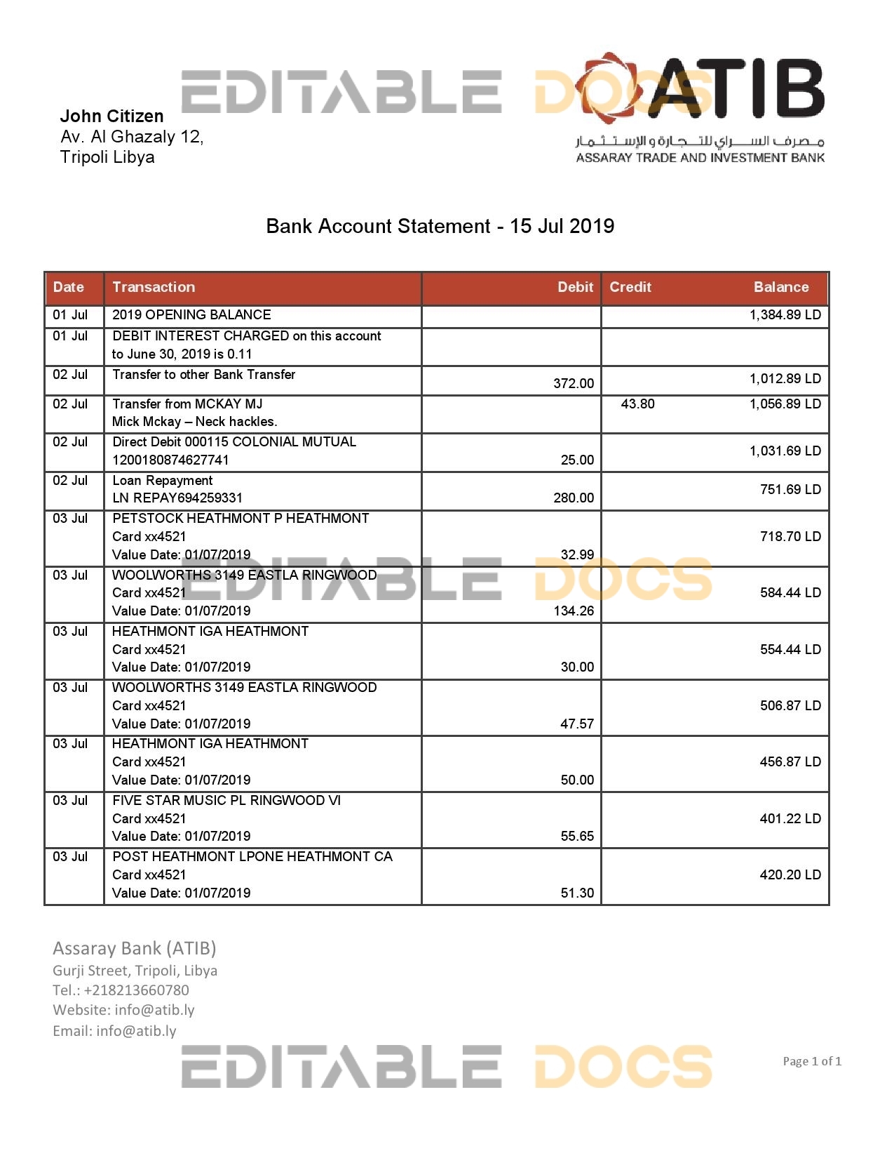 Libya Assaray (ATIB) bank statement easy to fill template in Word and PDF format