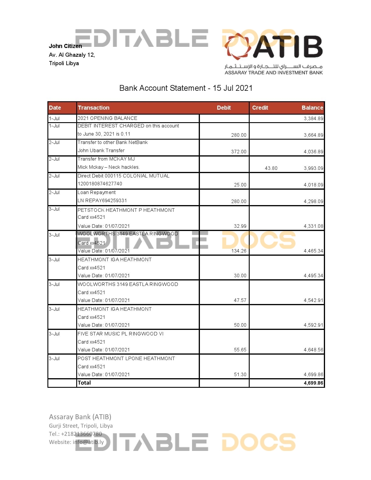 Libya Assaray Bank (ATIB) statement easy to fill template in Excel and PDF format