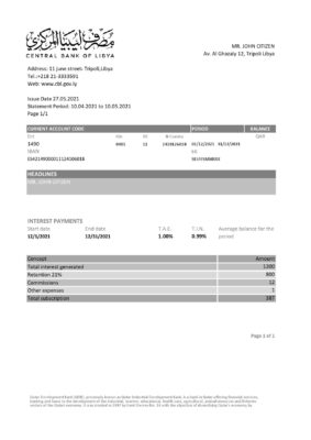 Libya Central Bank of Libya proof of address bank statement template in Excel and PDF format (.xls and .pdf)