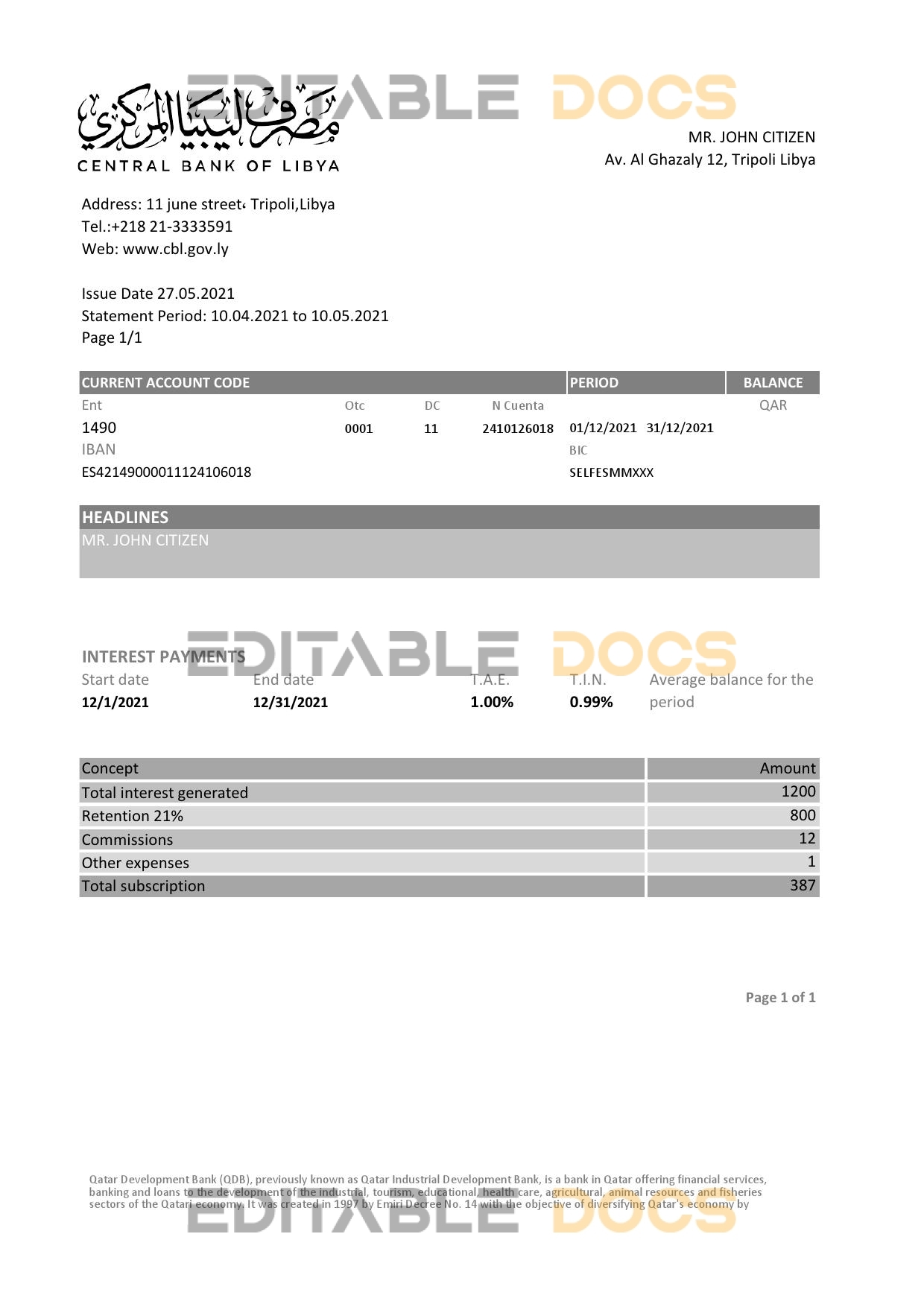 Libya Central Bank of Libya proof of address bank statement template in Excel and PDF format (.xls and .pdf)