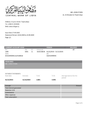 Libya Central Bank of Libya proof of address bank statement template in Word and PDF format (.doc and .pdf)