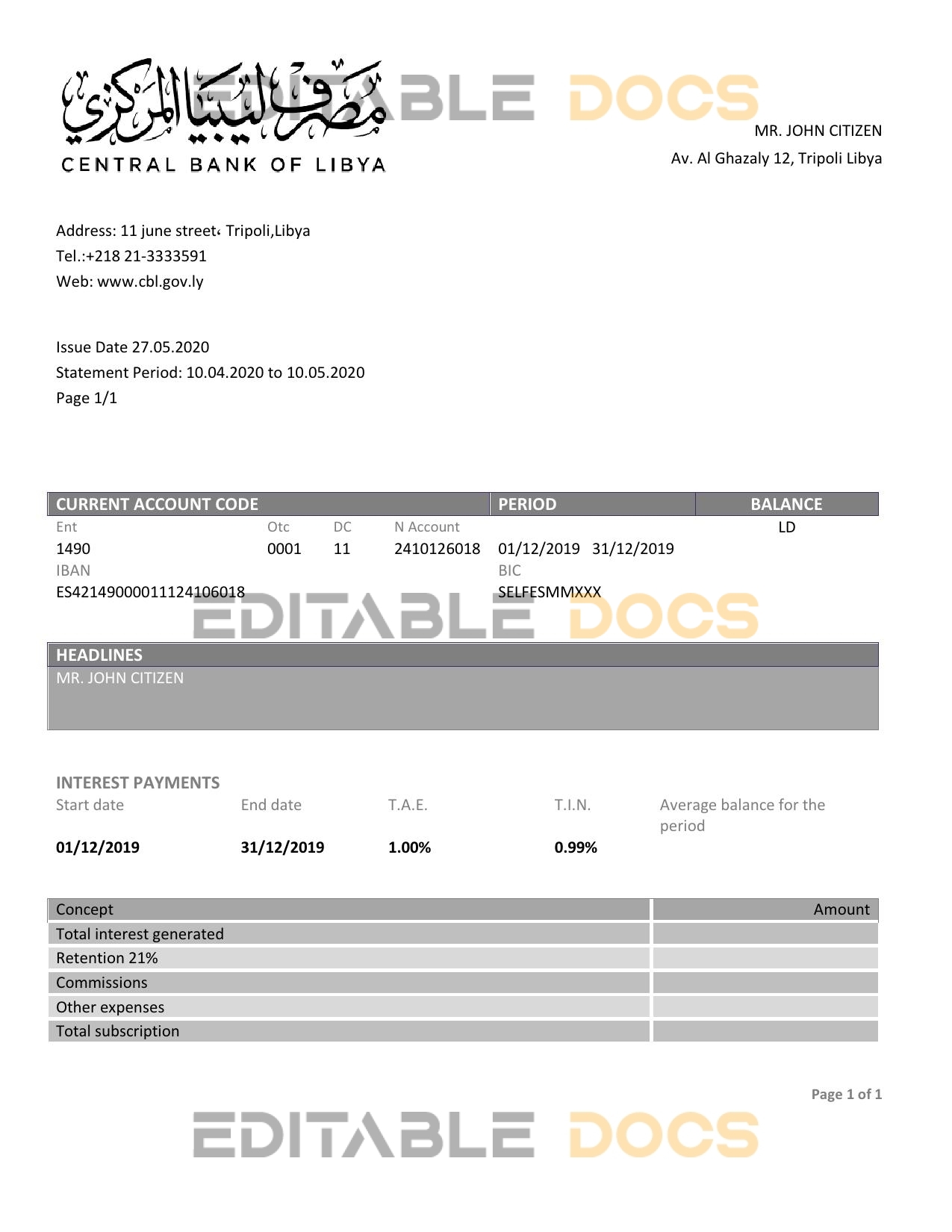 Libya Central Bank of Libya proof of address bank statement template in Word and PDF format (.doc and .pdf)