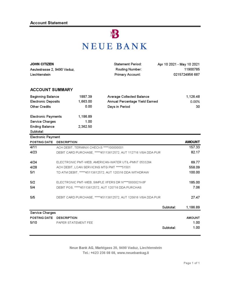 Liechtenstein Neue Bank AG bank statement easy to fill template in .xls and .pdf file format
