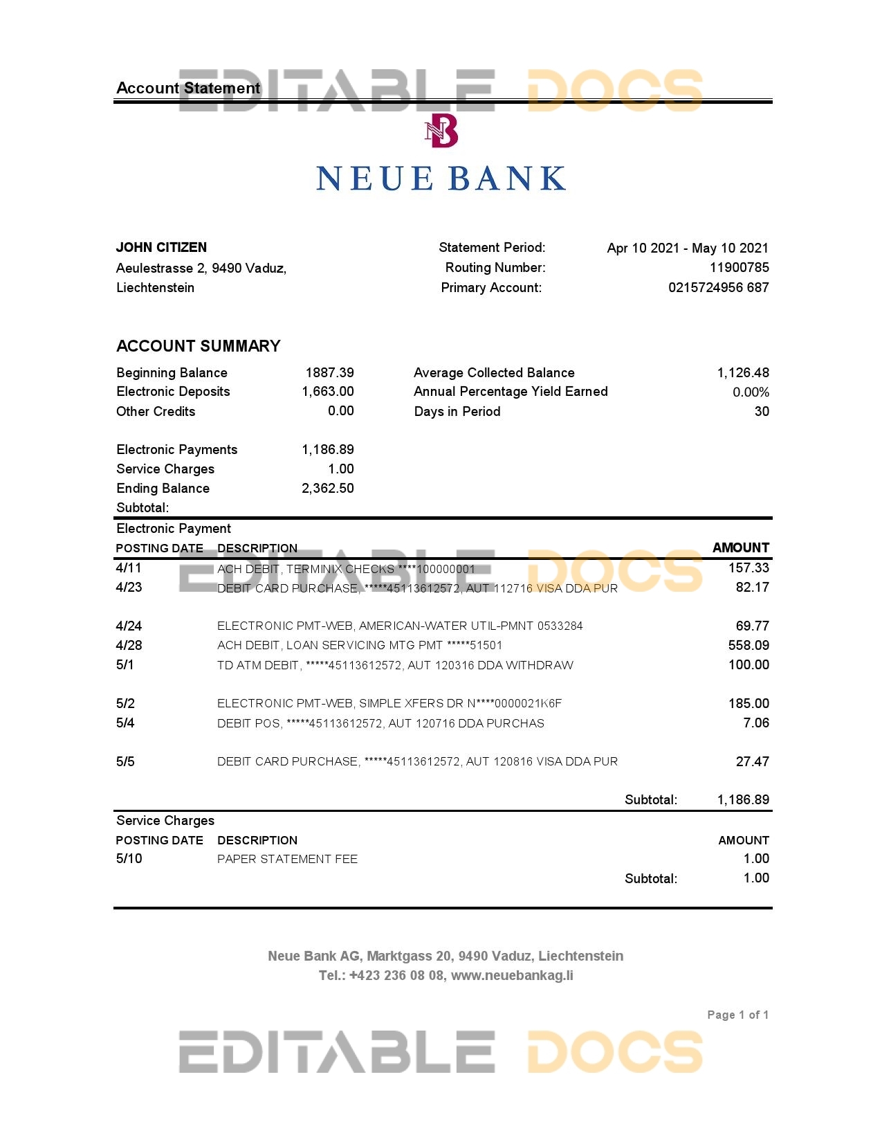 Liechtenstein Neue Bank AG bank statement easy to fill template in .xls and .pdf file format