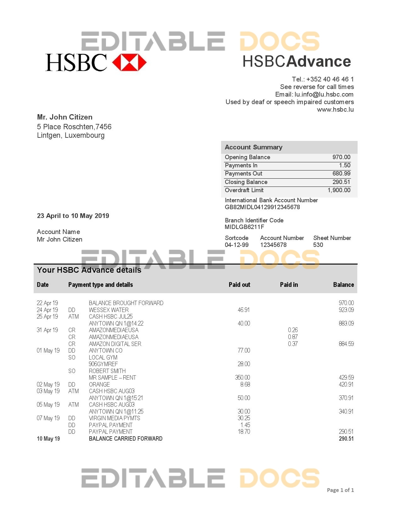 Luxembourg HSBC bank proof of address statement template in Word and PDF format, .doc and .pdf format