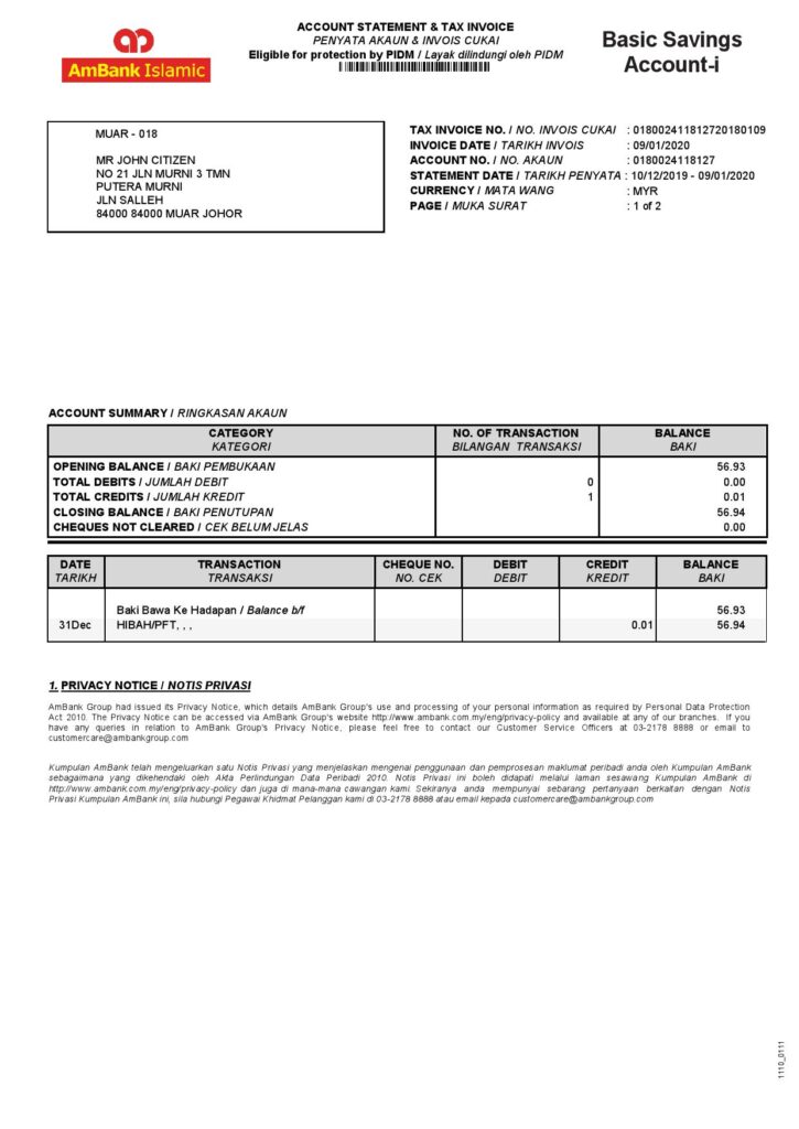 Malaysia AmBank Islamic bank statement template in Word and PDF format (2 pages)