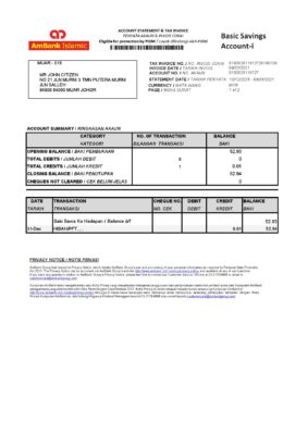Malaysia AmBank Islamic bank statement template in Excel and PDF format (2 pages)
