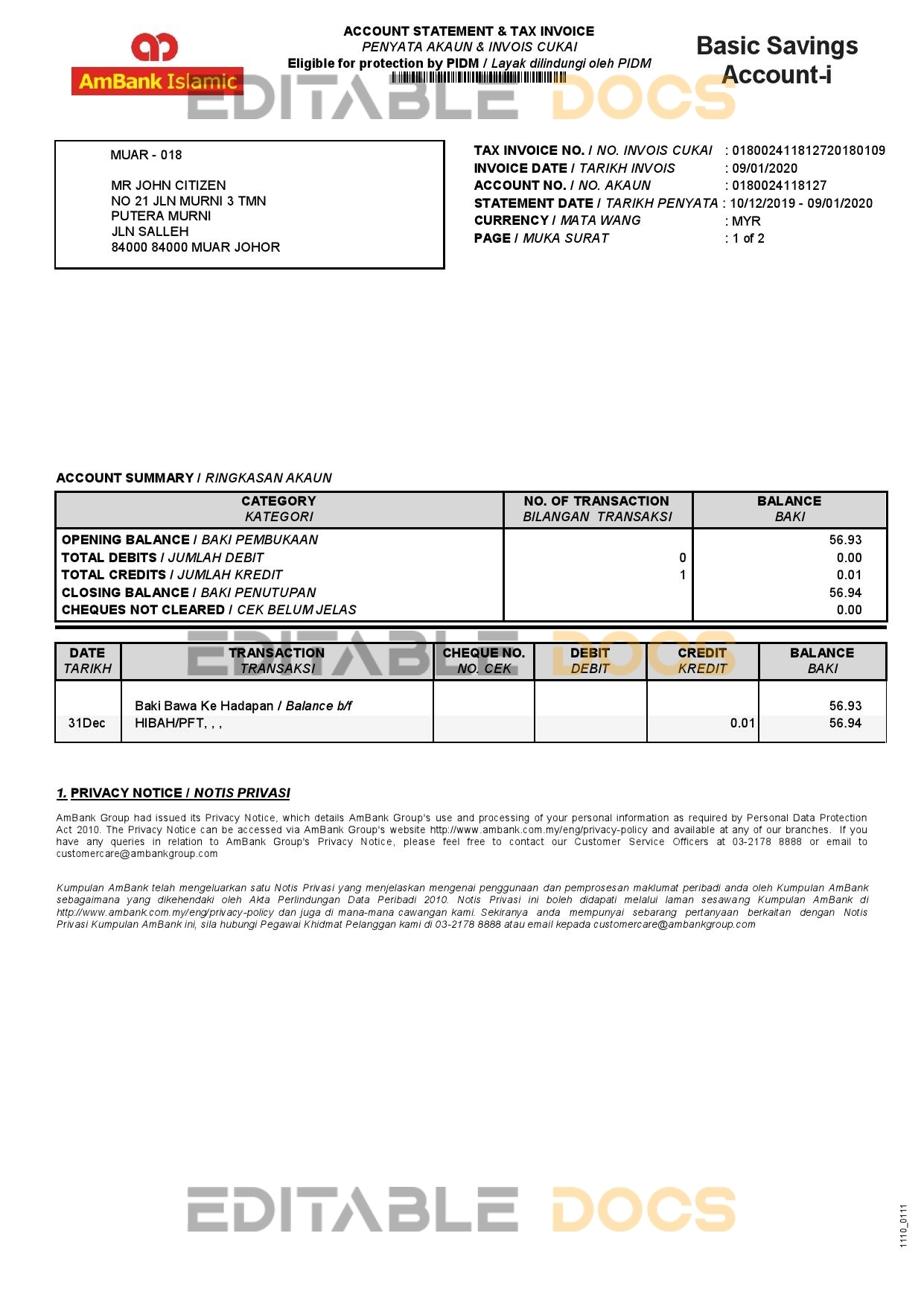 Malaysia AmBank Islamic bank statement template in Word and PDF format (2 pages)