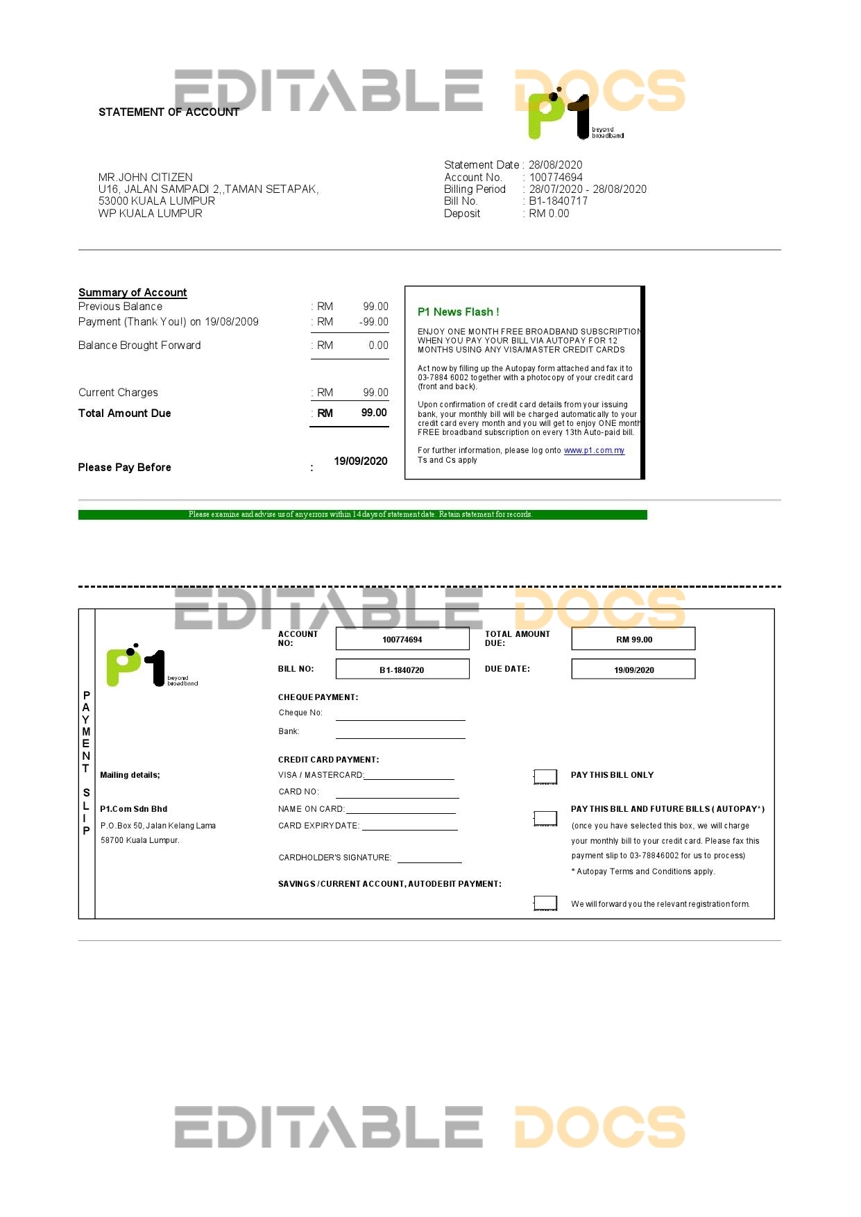 Malaysia Packet 1 Network bank statement template in Word and PDF format (3 pages)