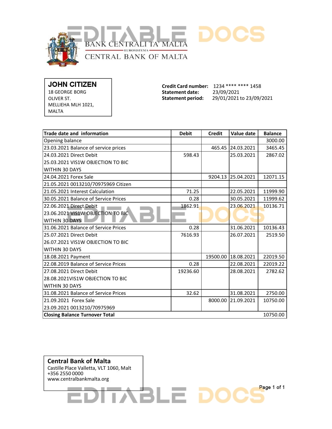 Malta Central Bank of Malta bank statement easy to fill template in Excel and PDF format