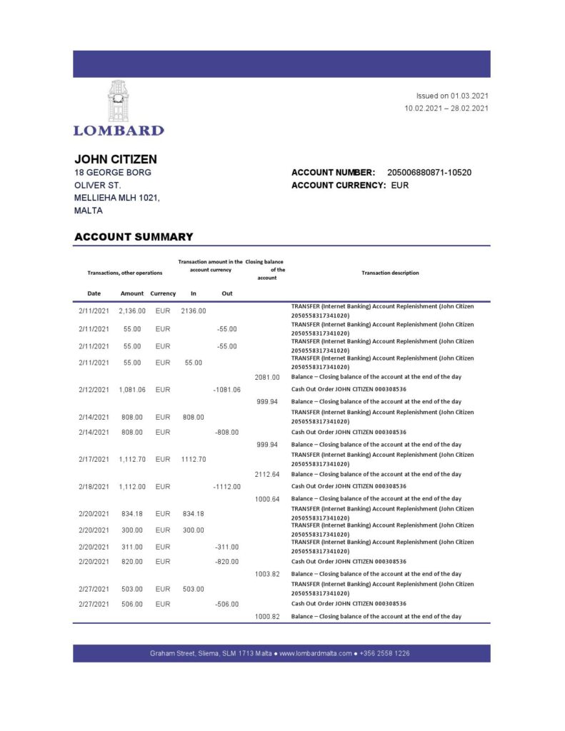 Malta Lombard Bank Malta p.l.c. bank statement easy to fill template in .xls and .pdf file format
