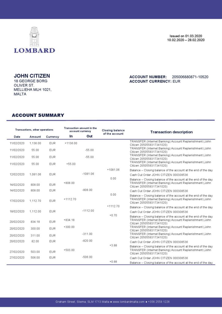 Malta Lombard Bank Malta p.l.c bank statement template in Word and PDF format