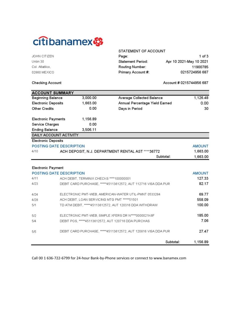 Mexico Citibanamex bank statement easy to fill template in .xls and .pdf file format