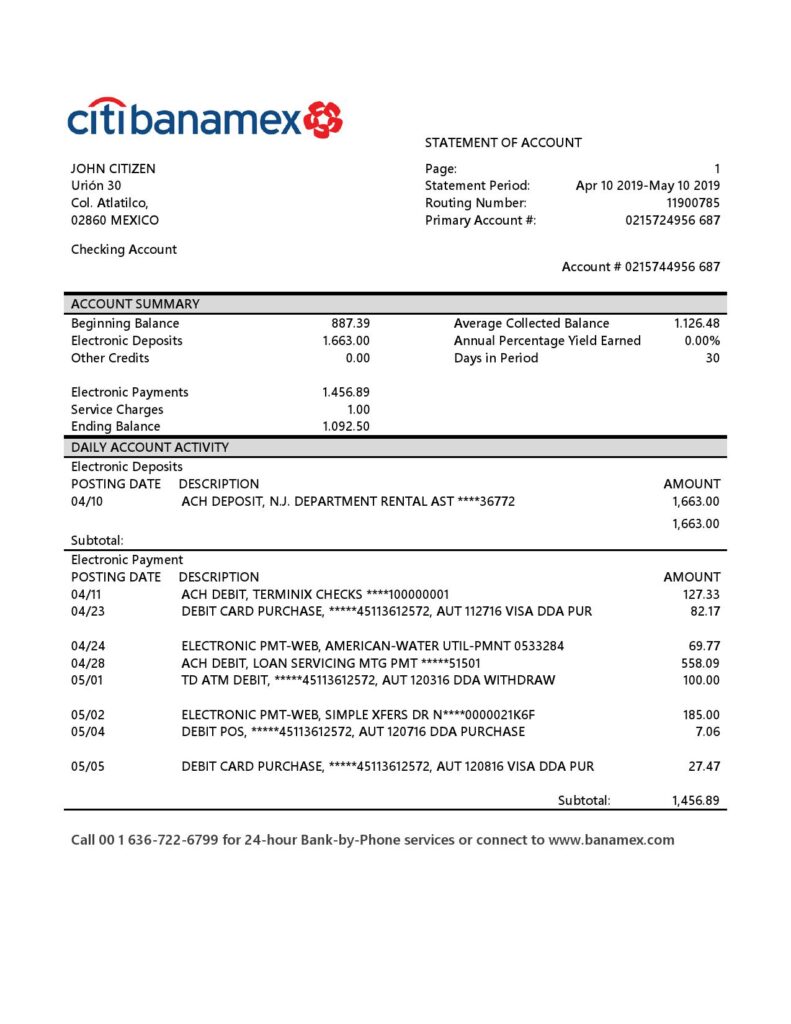 Mexico Citibanamex bank proof of address statement template in Word and PDF format