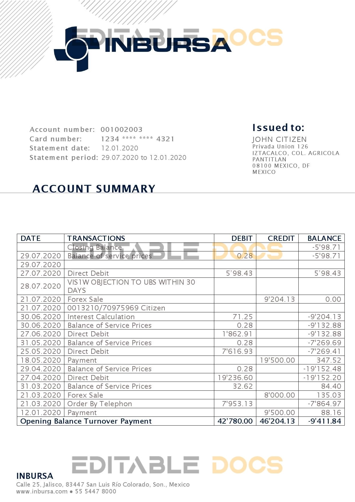 Mexico Inbursa Bank statement template in Word and PDF format, good for address prove