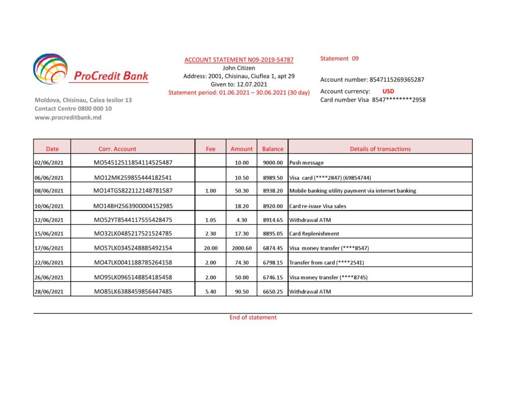 Moldova Procredit bank statement easy to fill template in .xls and .pdf file format