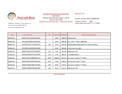 Moldova Procredit bank statement easy to fill template in .xls and .pdf file format