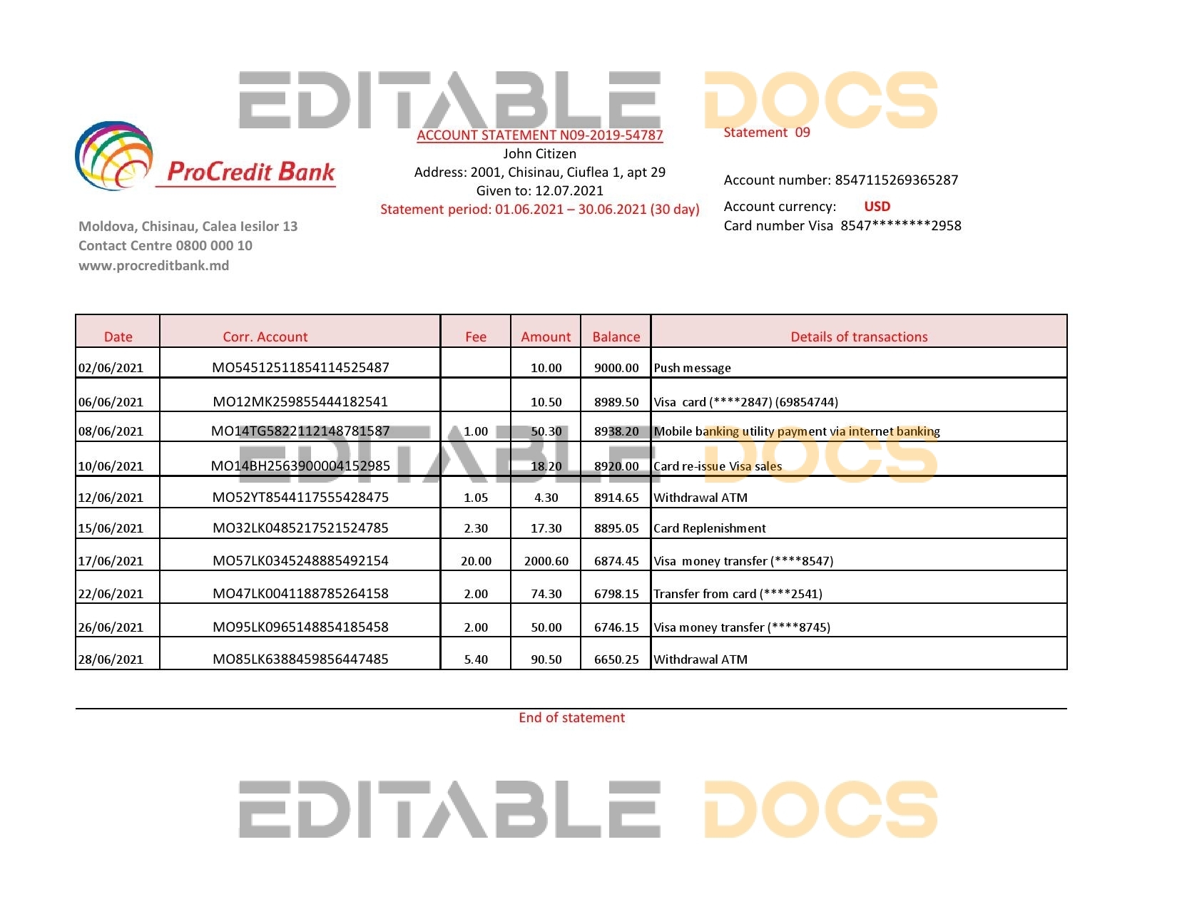 Moldova Procredit bank statement easy to fill template in .xls and .pdf file format