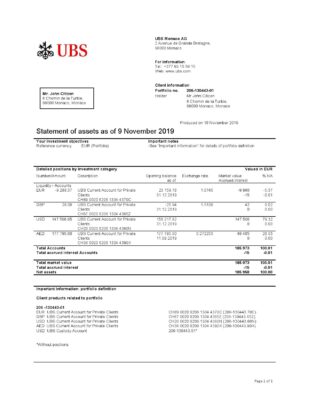 Monaco UBS bank proof of address statement template in Word and PDF format (.doc and .pdf)
