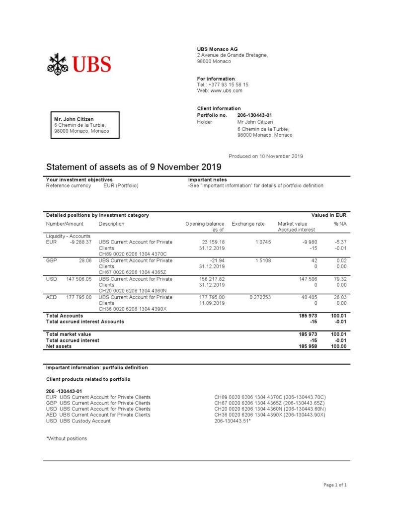 Monaco UBS bank proof of address statement template in Word and PDF format (.doc and .pdf)