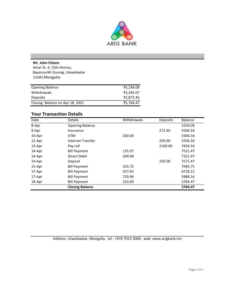 Mongolia Arig Bank statement easy to fill template in .xls and .pdf file format