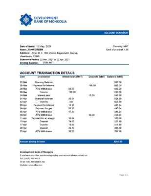 Mongolia Development Bank of Mongolia bank statement easy to fill template in .xls and .pdf file format