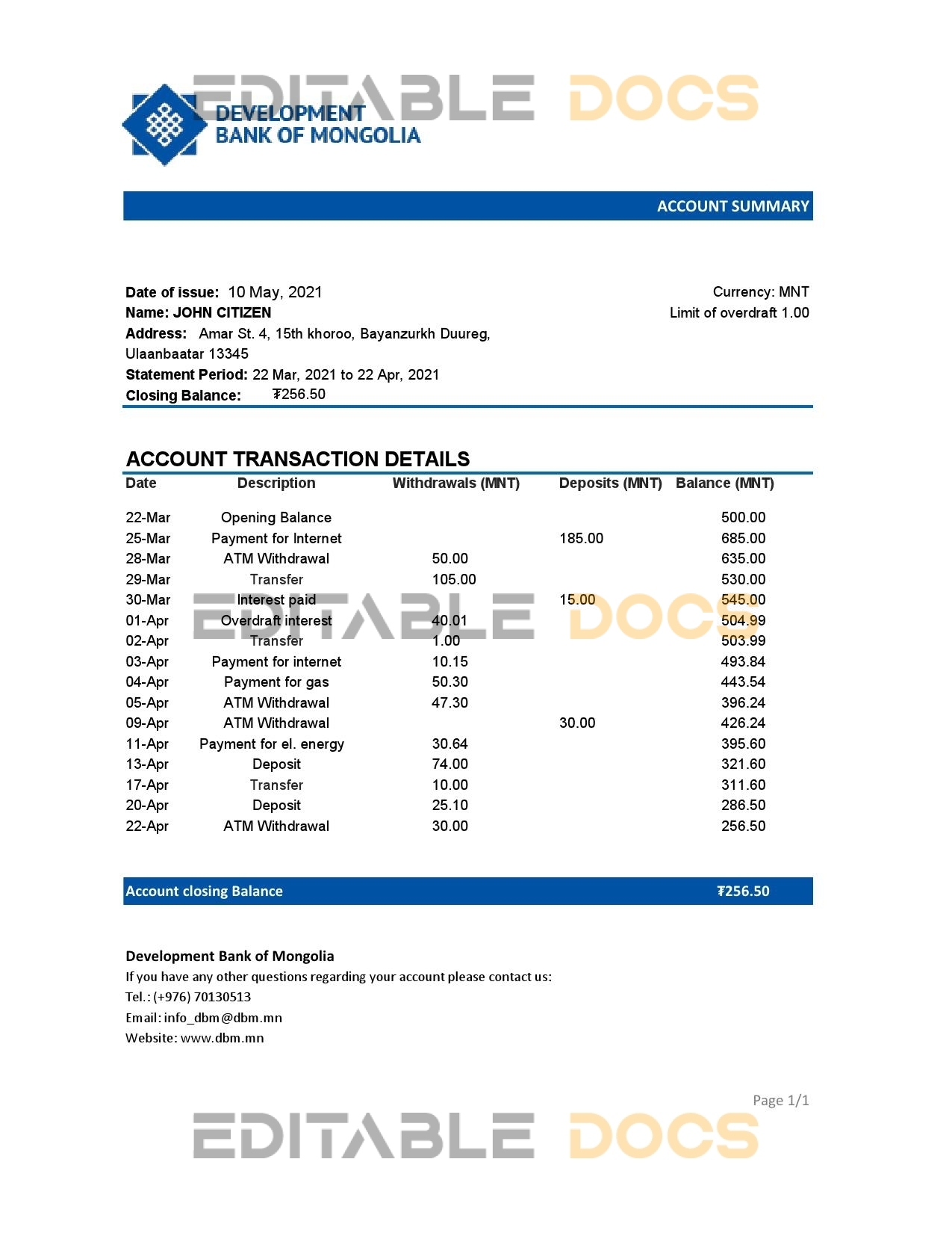 Mongolia Development Bank of Mongolia bank statement easy to fill template in .xls and .pdf file format