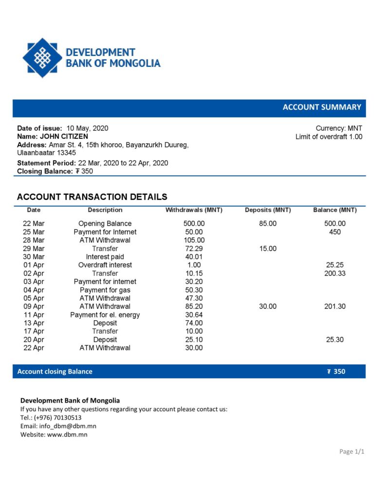Mongolia Development Bank of Mongolia bank statement template in Word and PDF format