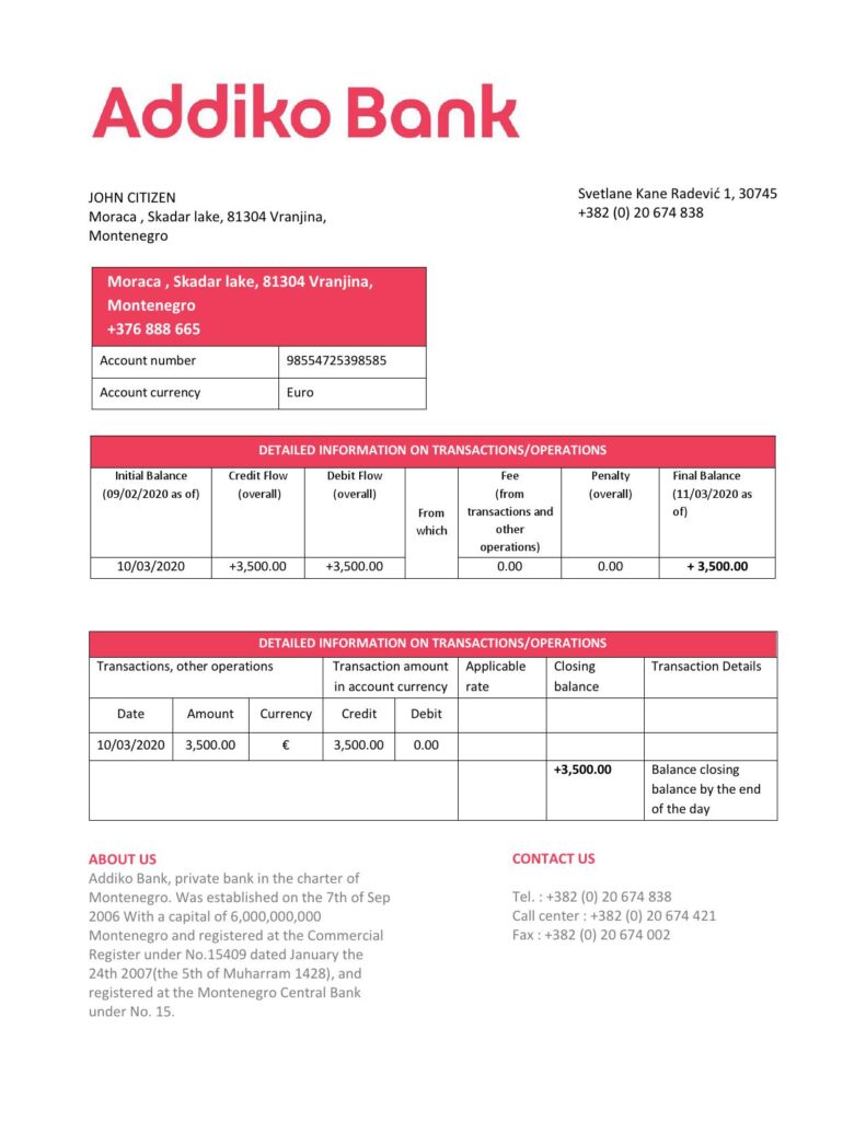 Montenegro Addiko Bank proof of address statement template in Word and PDF format, .doc and .pdf format