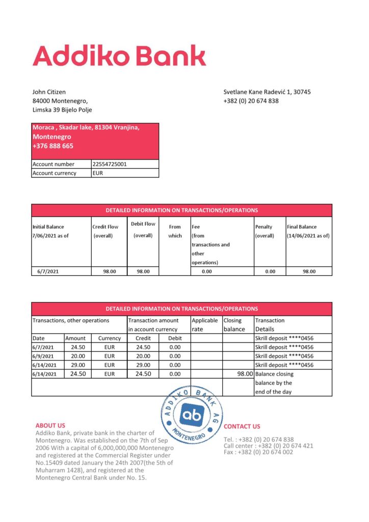 Montenegro Addiko Bank statement easy to fill template in .xls and .pdf file format