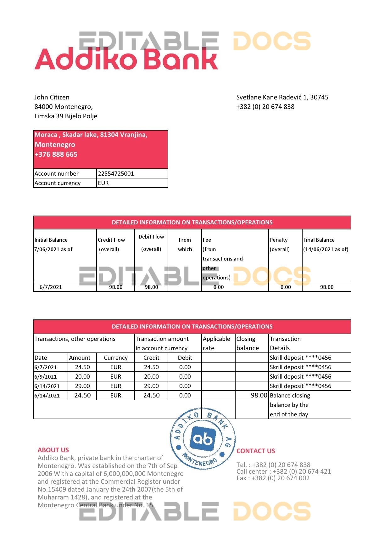 Montenegro Addiko Bank statement easy to fill template in .xls and .pdf file format