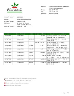 Morocco Credit Agricole bank statement template in Word and PDF format, good for address prove