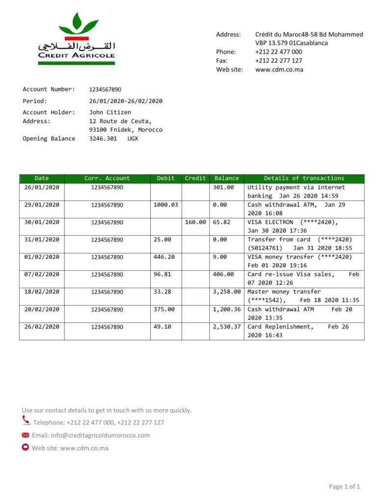 Morocco Credit Agricole bank statement template in Word and PDF format, good for address prove