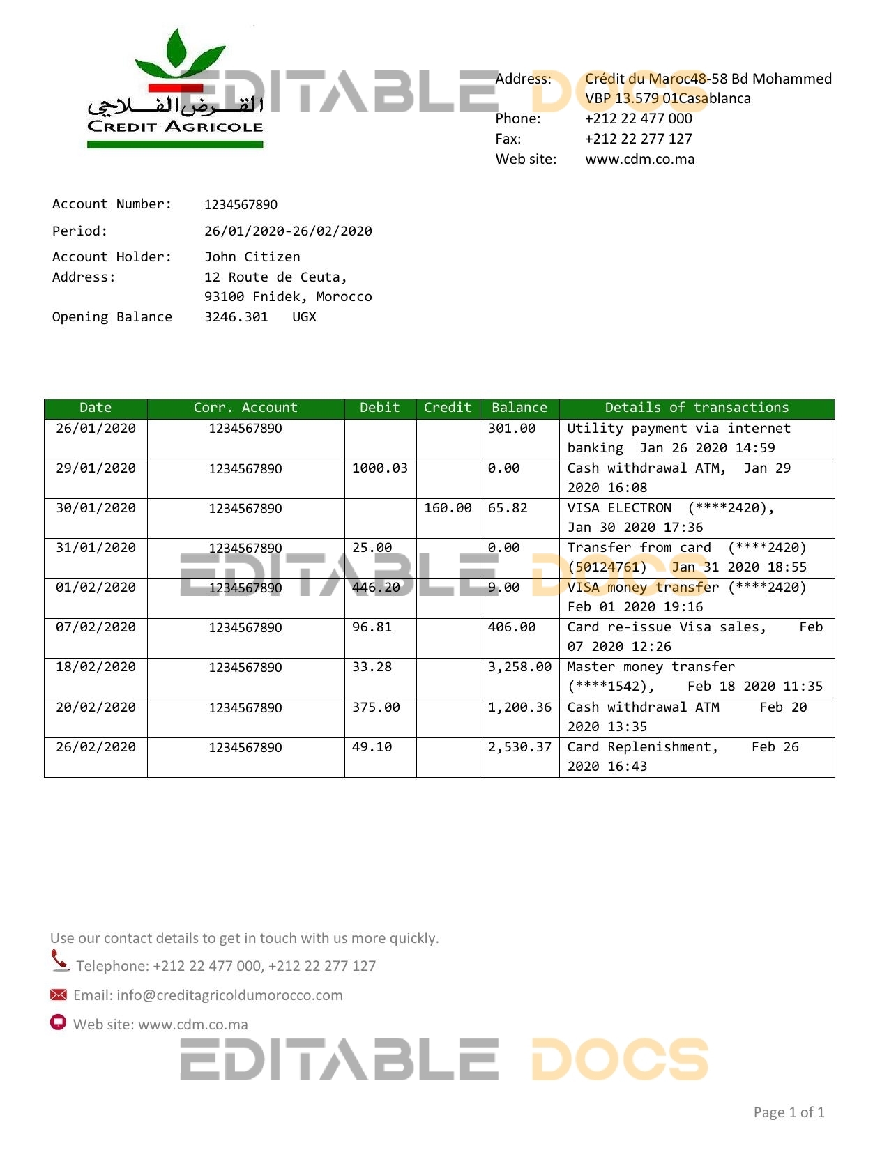 Morocco Credit Agricole bank statement template in Word and PDF format, good for address prove