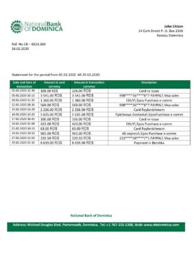 Dominica National Bank of Dominica bank statement template in Word and PDF format