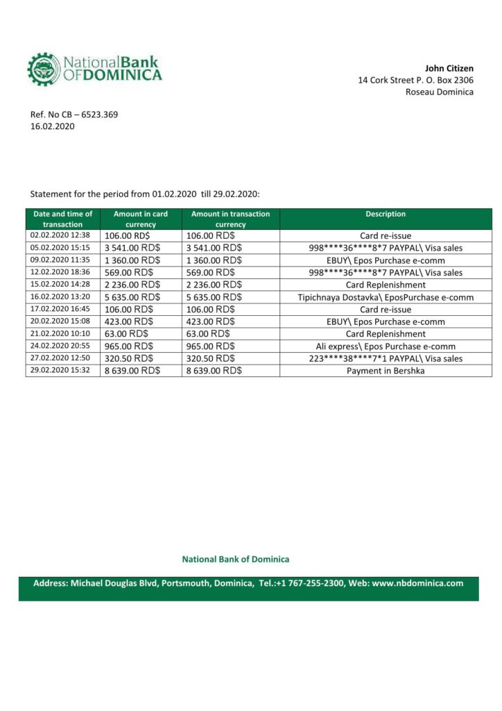 Dominica National Bank of Dominica bank statement template in Word and PDF format