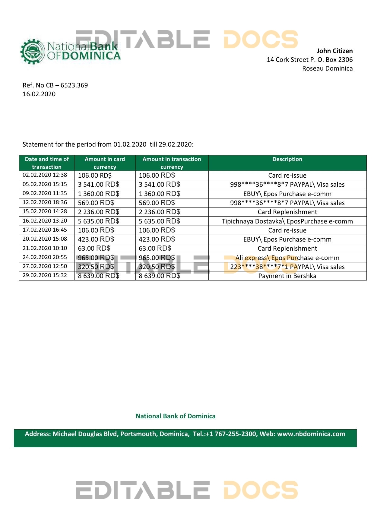 Dominica National Bank of Dominica bank statement template in Word and PDF format