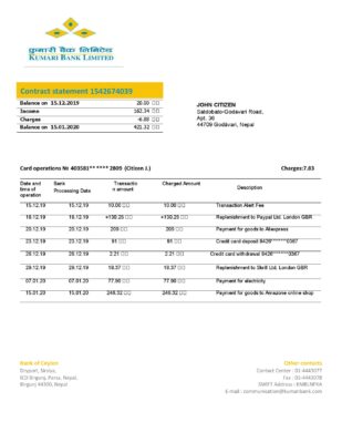 Nepal Kumari Bank proof of address statement template in Word and PDF format