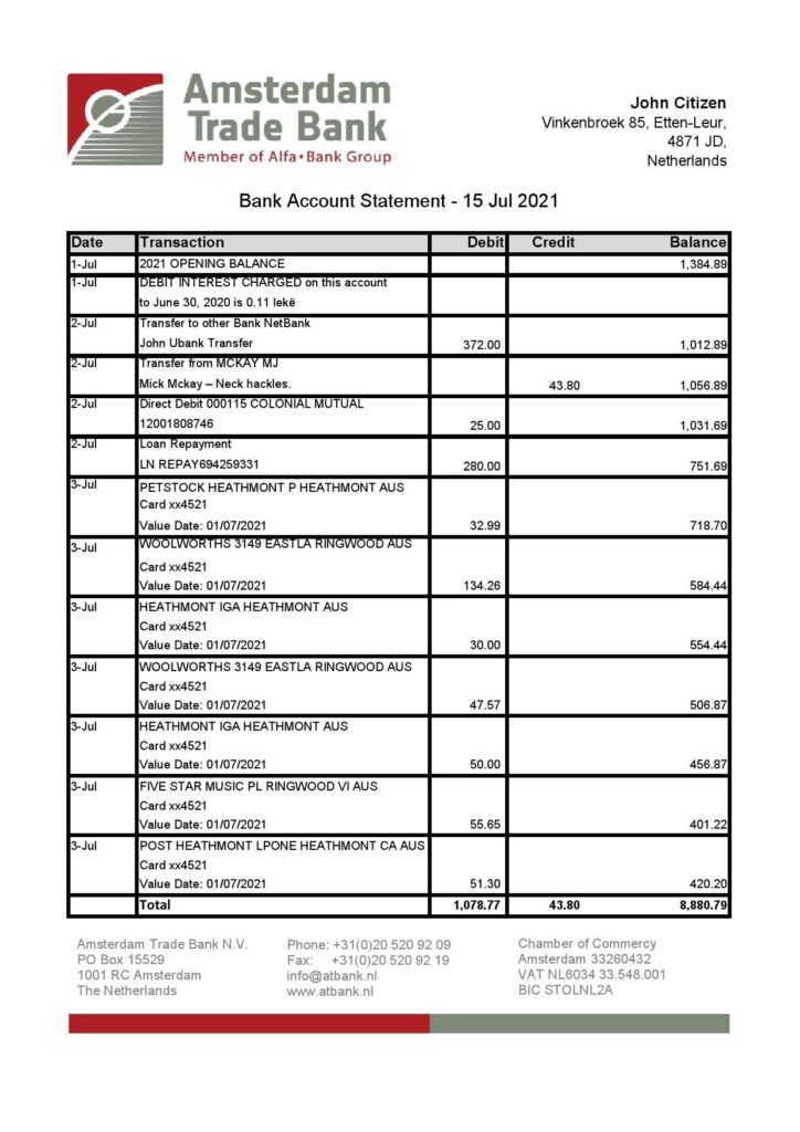 Netherlands Amsterdam Trade Bank statement template in Excel and PDF format