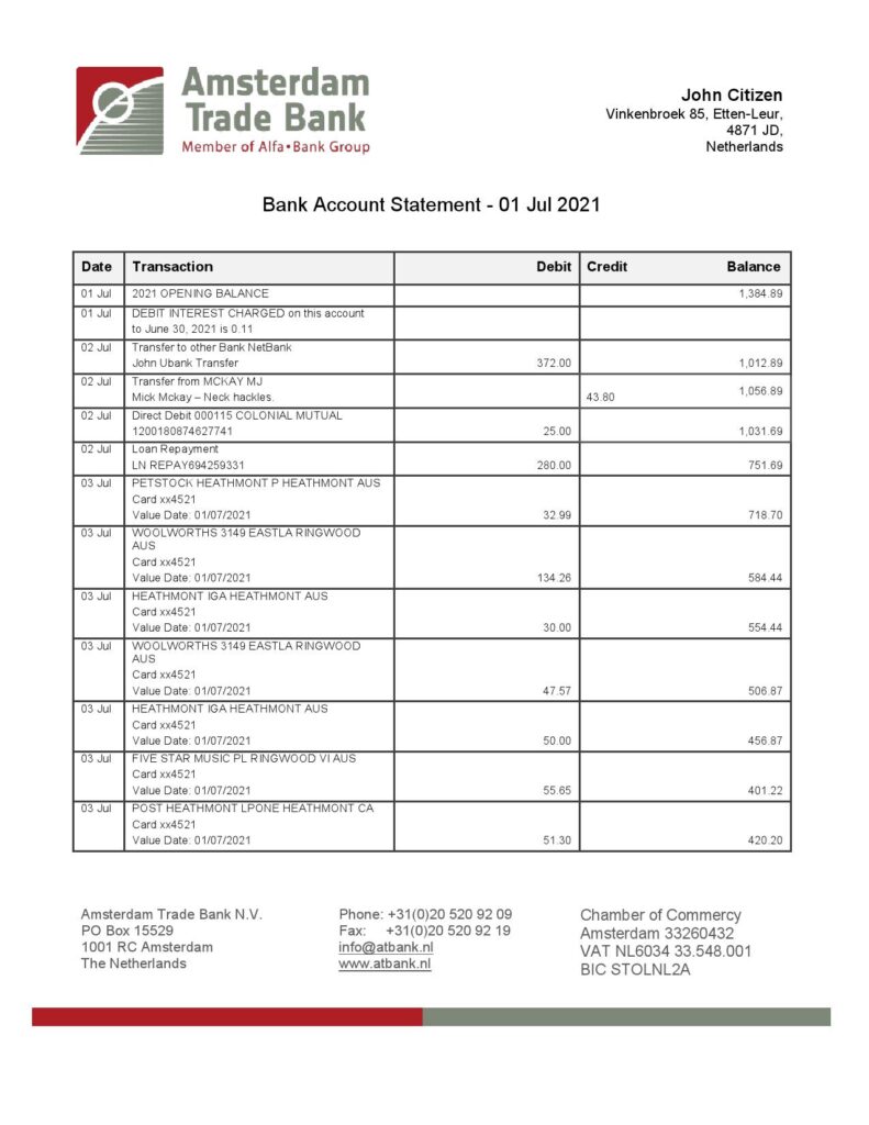 Netherlands Amsterdam Trade Bank statement template in Word and PDF format