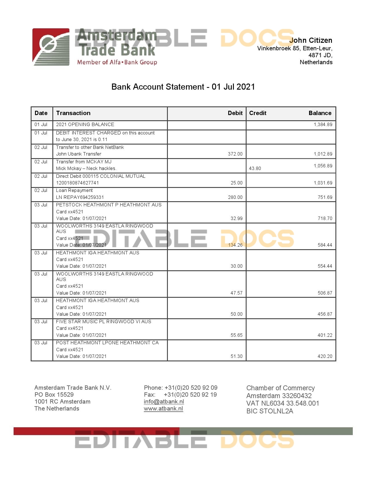 Netherlands Amsterdam Trade Bank statement template in Word and PDF format