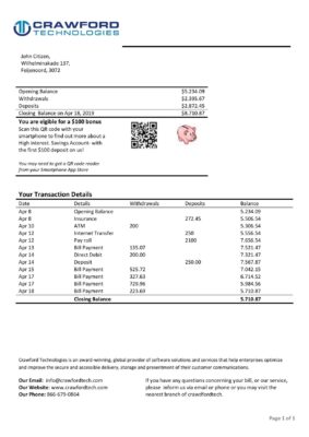 Netherlands (Holland) Crawford Technologies bank statement template in Word and PDF format