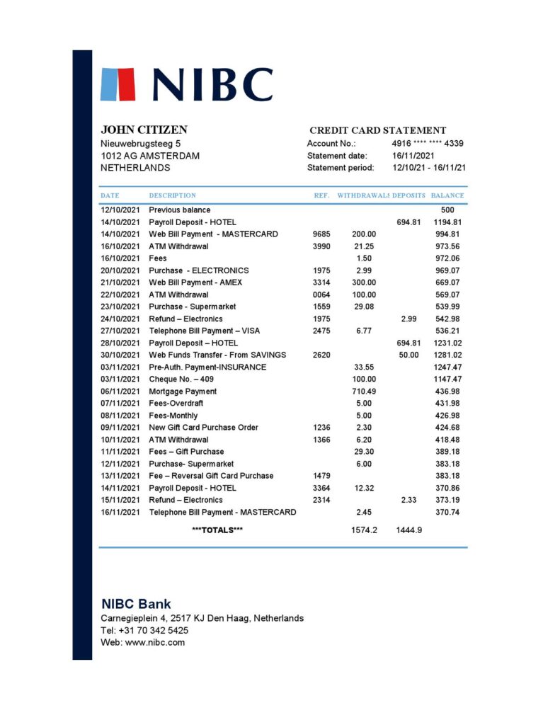Netherlands NIBC Bank statement easy to fill template in .xls and .pdf file format