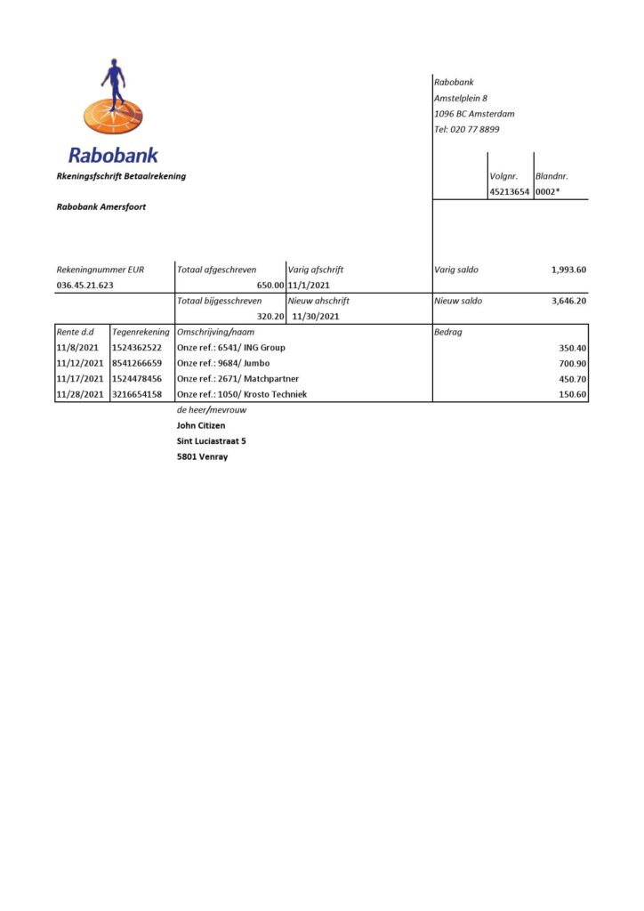 Netherlands Rabobank bank statement easy to fill template in .xls and .pdf file format