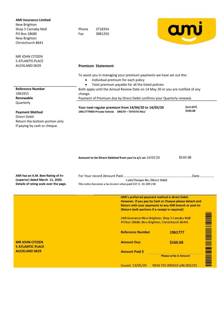 New Zealand Ami Insurance Limited bank statement template in Word and PDF format