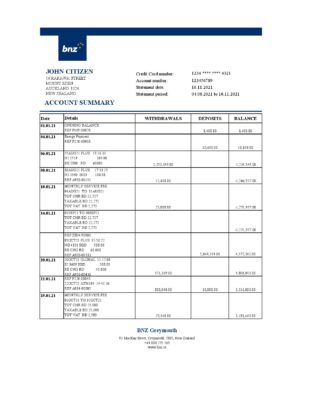 New Zealand BNZ Greymouth Bank statement easy to fill template in .xls and .pdf format