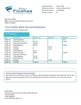 Nicaragua Banco Ficohsa bank proof of address statement template in Word and PDF format, .doc and .pdf format